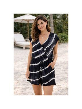 Y2K Tie-Dye Romper – Black & White Voile, Wrap Front,‎ Boho Beachy, Women's XS